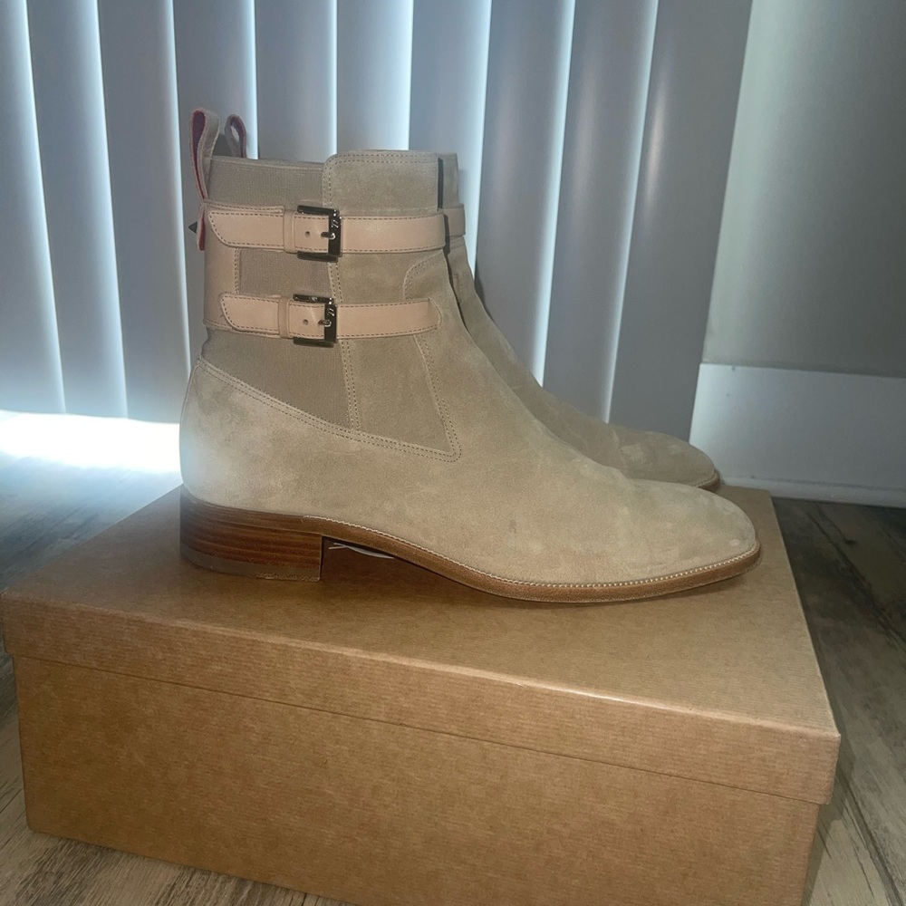 Christian Louboutin Beige Suede Ankle Boots with Pink Straps